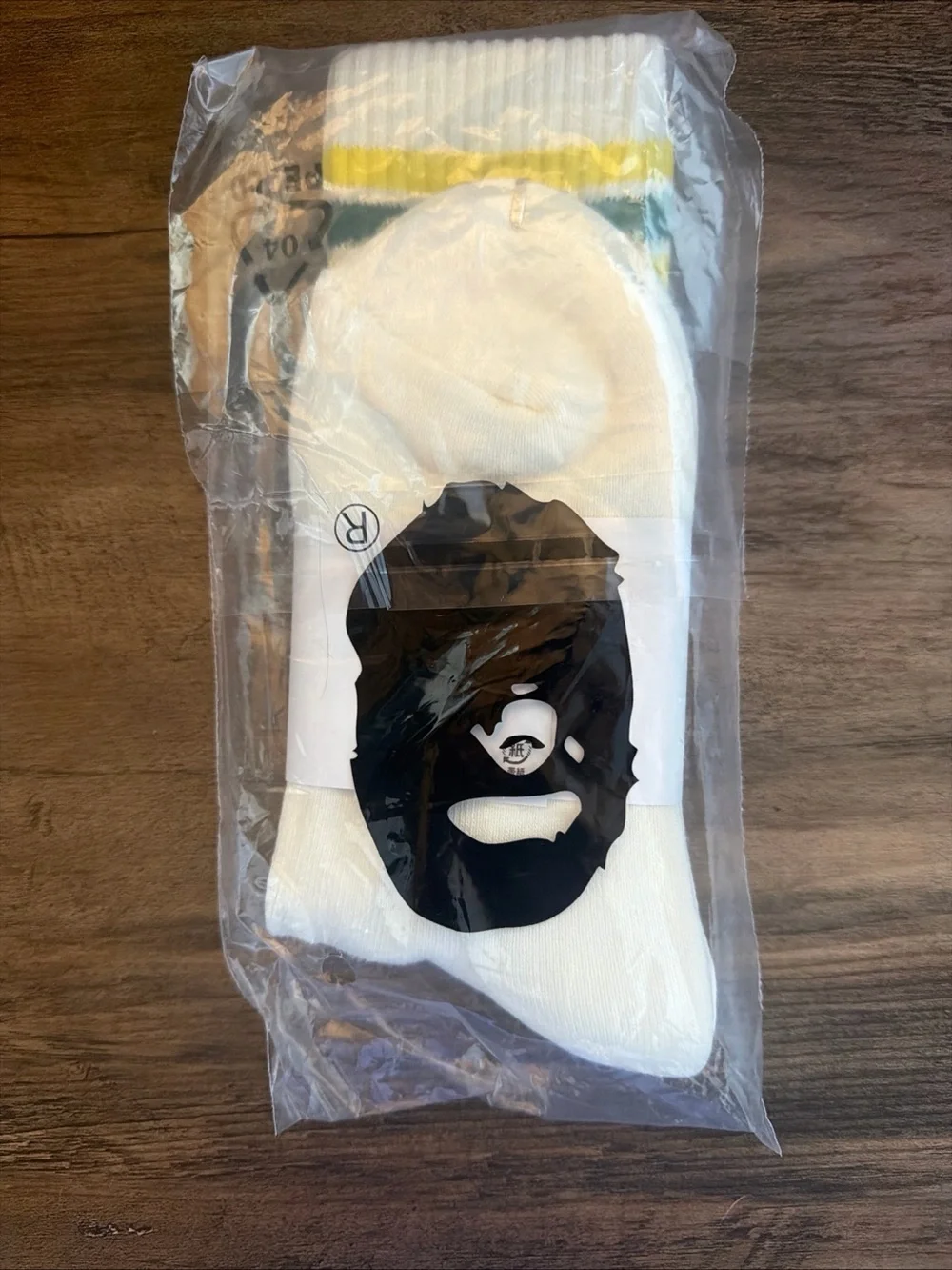 A Bathing Ape Men's White Crew Socks with Yellow & Green Stripes